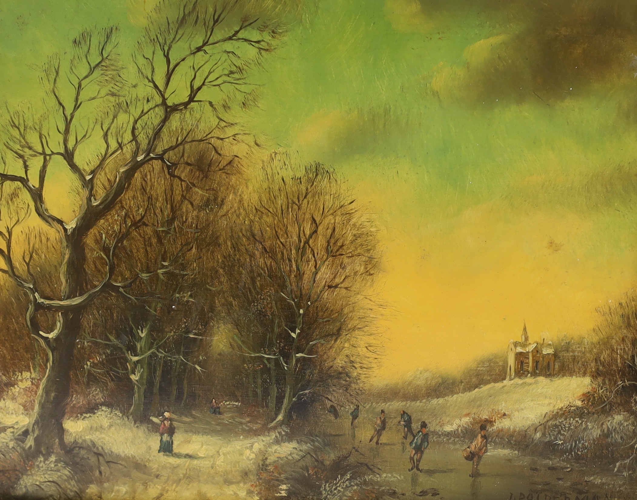 J. Polderman, oil on board, Winter landscape with skaters, signed, 19 x 24cm